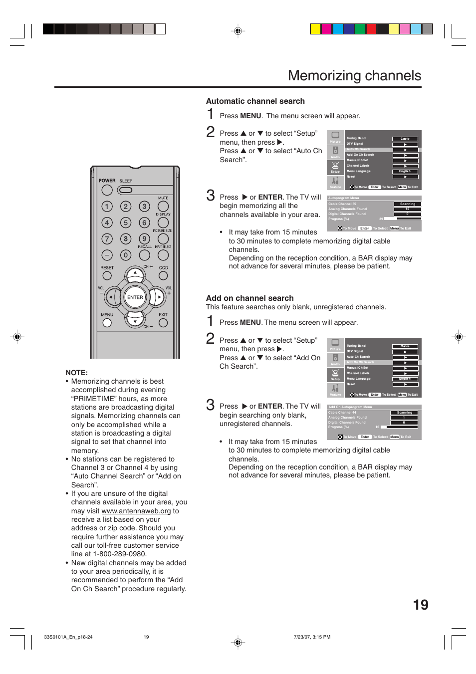 Automatic channel search add on channel search | Sansui HDLCD2600 User Manual | Page 19 / 44