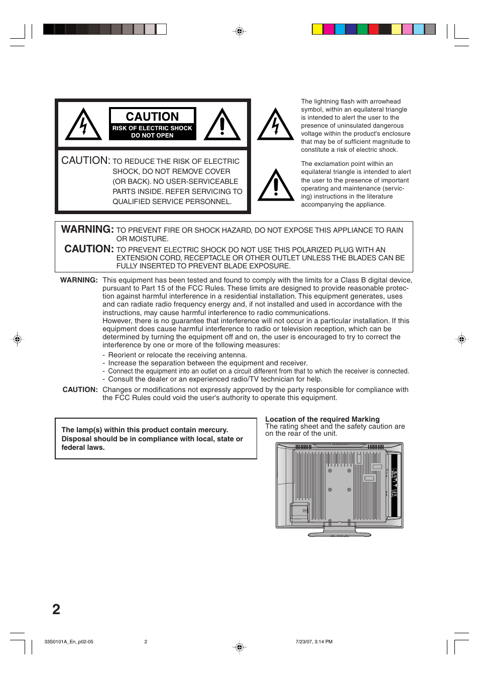 Caution, Warning | Sansui HDLCD2600 User Manual | Page 2 / 44