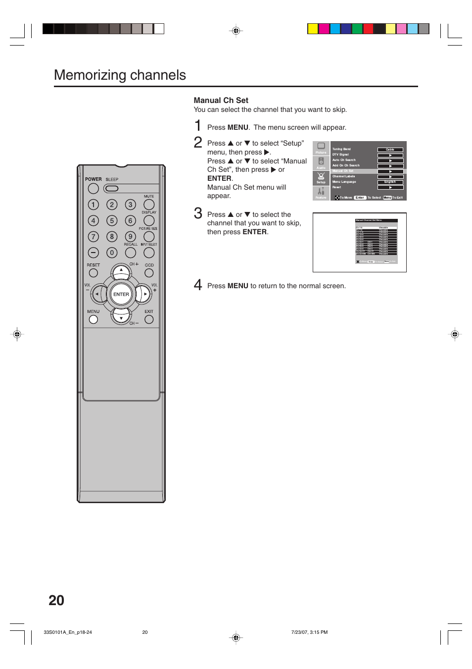 Manual ch set, You can select the channel that you want to skip, Press menu . the menu screen will appear | Press menu to return to the normal screen | Sansui HDLCD2600 User Manual | Page 20 / 44