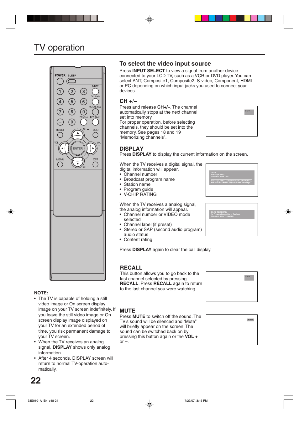 Tv operation, Display, Recall | Mute | Sansui HDLCD2600 User Manual | Page 22 / 44