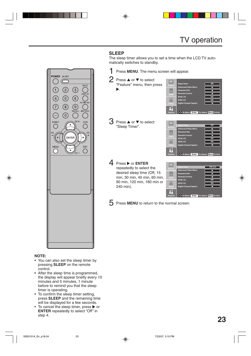Tv operation, Sleep, Press menu . the menu screen will appear | Press ▲ or ▼ to select “feature” menu, then press, Press ▲ or ▼ to select “sleep timer, Press menu to return to the normal screen | Sansui HDLCD2600 User Manual | Page 23 / 44