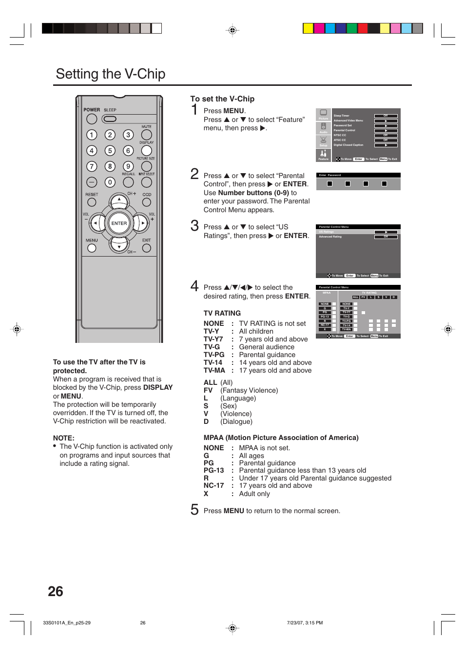 Setting the v-chip | Sansui HDLCD2600 User Manual | Page 26 / 44