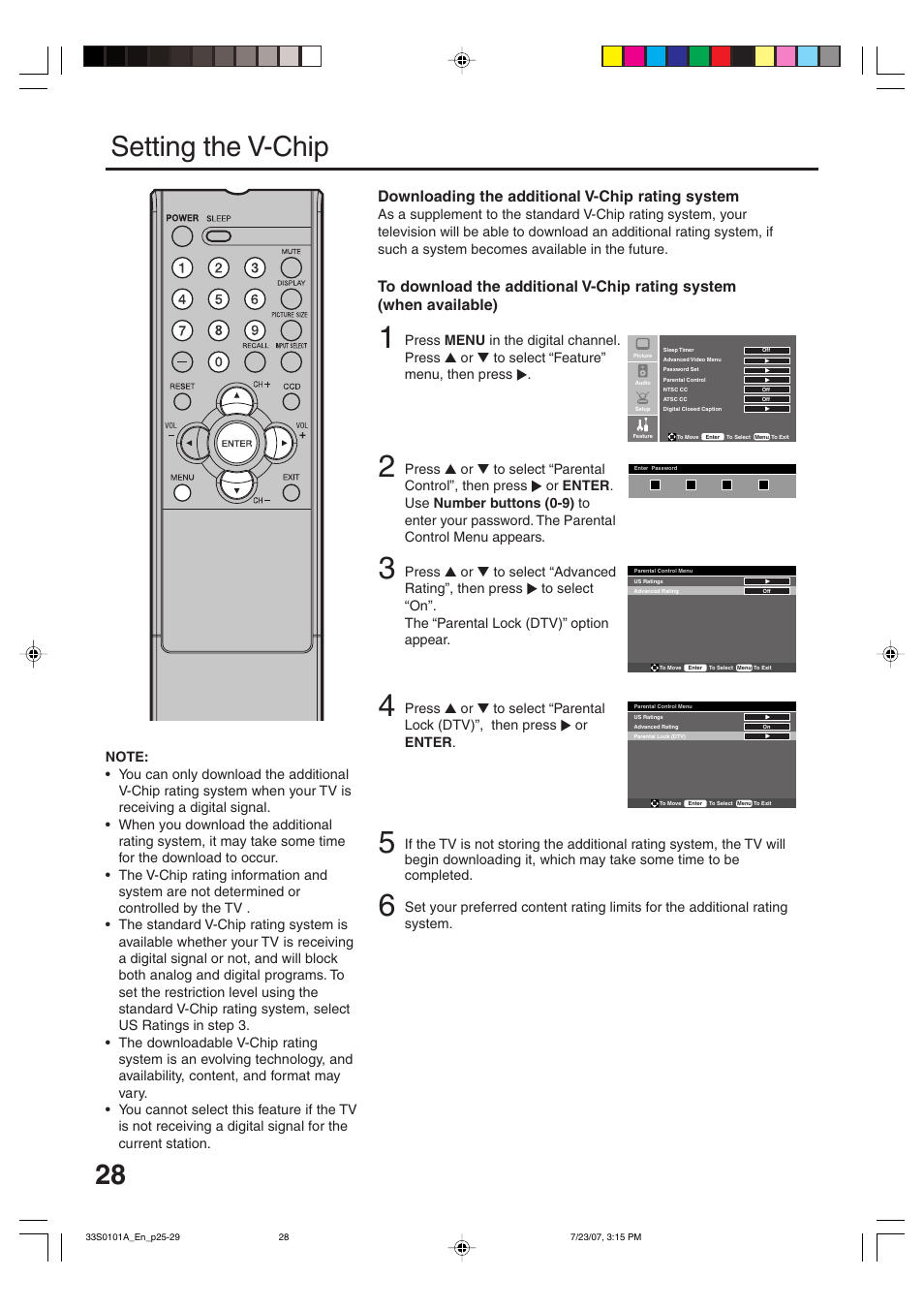 Setting the v-chip, Downloading the additional v-chip rating system | Sansui HDLCD2600 User Manual | Page 28 / 44