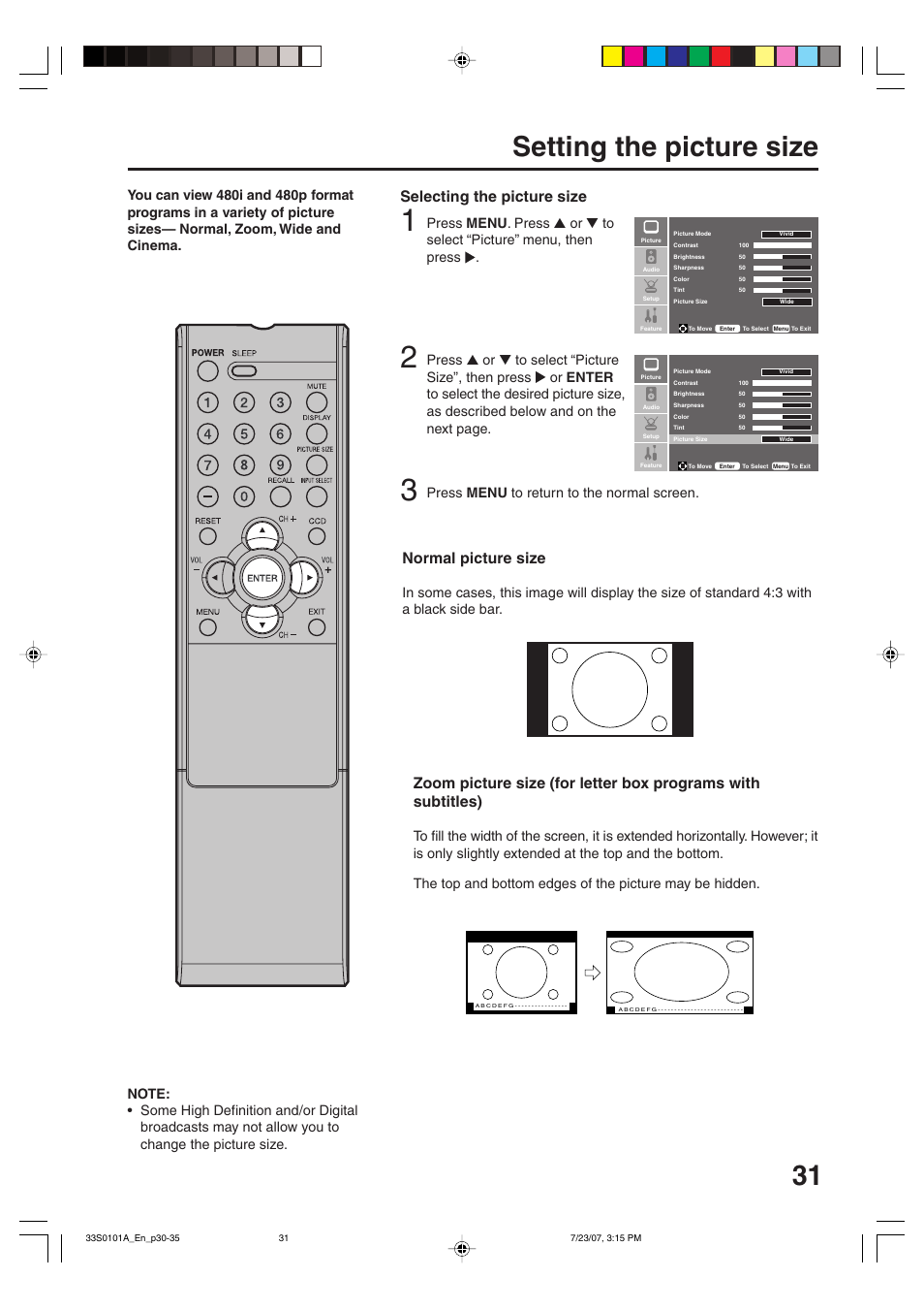 31 setting the picture size, Normal picture size, Selecting the picture size | Press menu to return to the normal screen | Sansui HDLCD2600 User Manual | Page 31 / 44