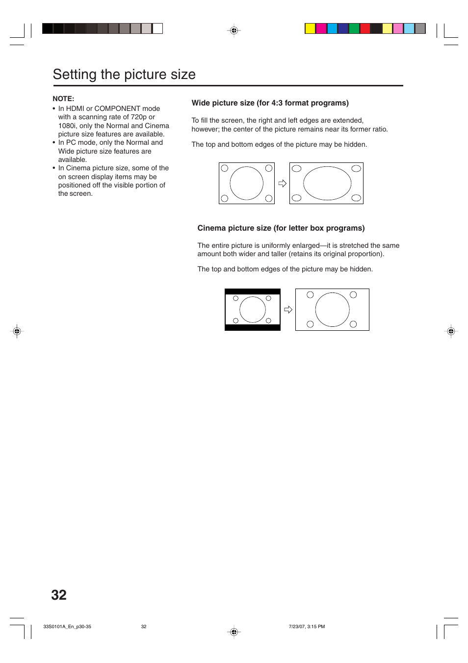 Setting the picture size | Sansui HDLCD2600 User Manual | Page 32 / 44