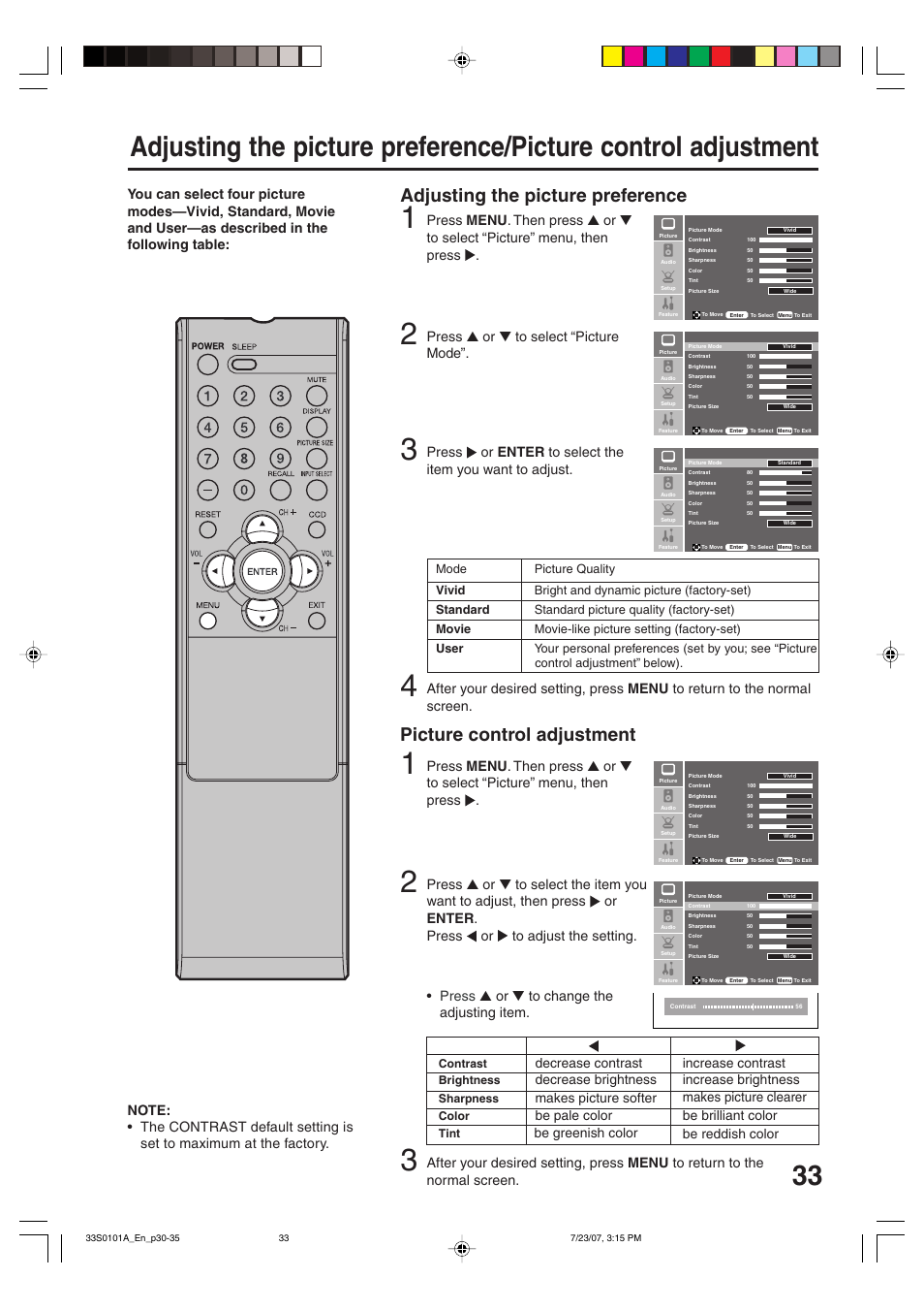 Press ▲ or ▼ to select “picture mode | Sansui HDLCD2600 User Manual | Page 33 / 44