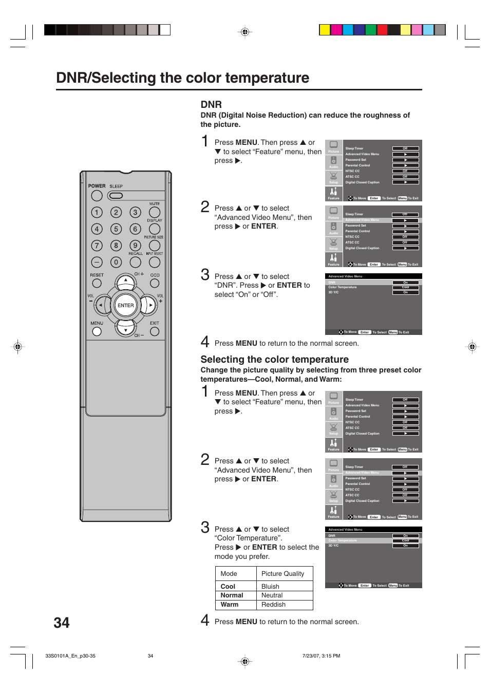 Dnr/selecting the color temperature, Selecting the color temperature, Press menu to return to the normal screen | Sansui HDLCD2600 User Manual | Page 34 / 44