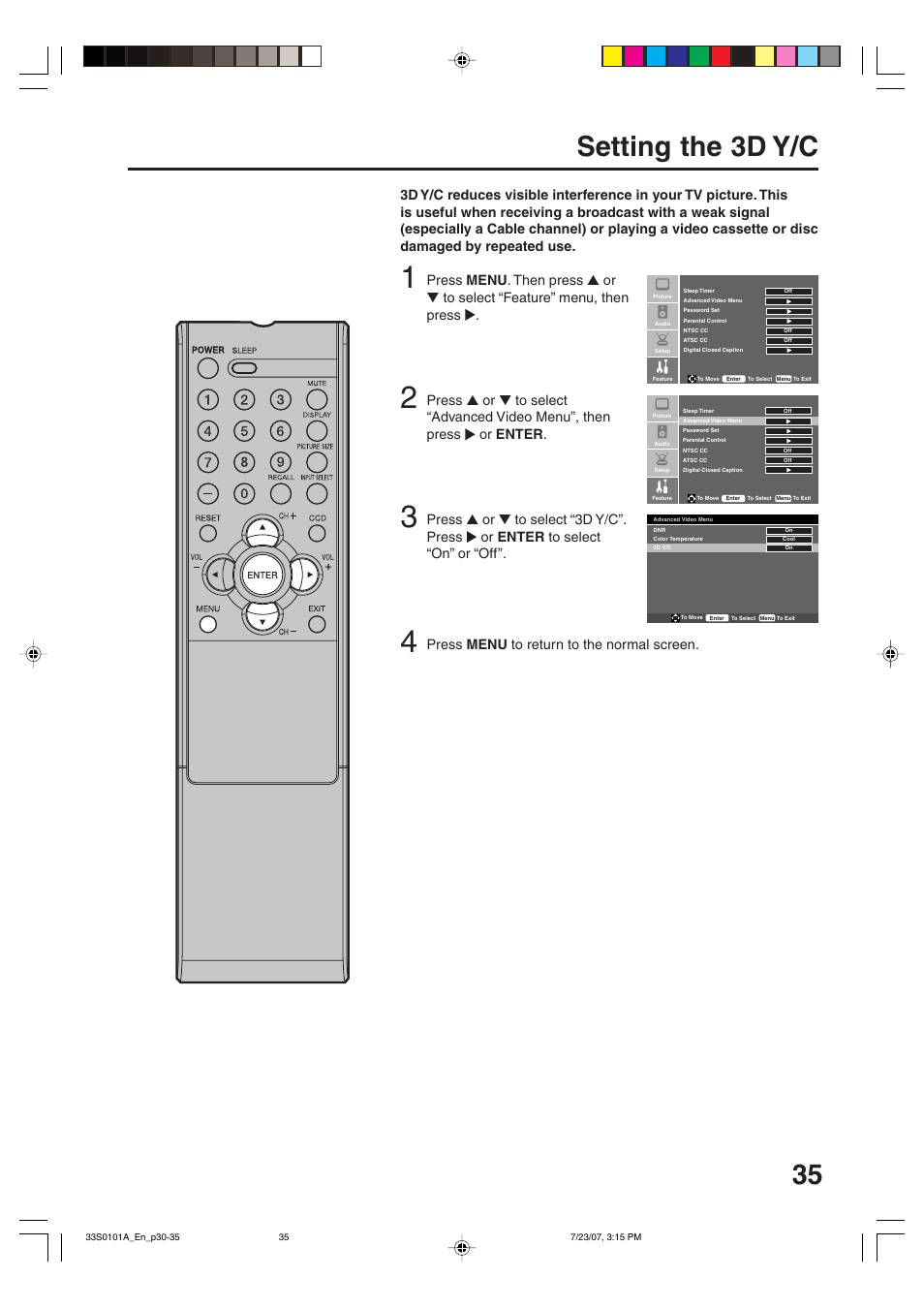 Setting the 3d y/c, Press menu to return to the normal screen | Sansui HDLCD2600 User Manual | Page 35 / 44
