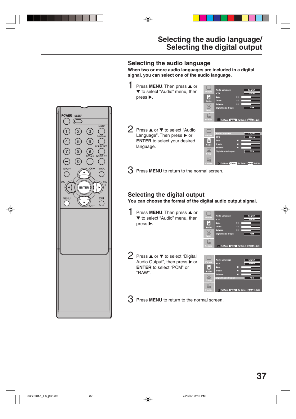 Selecting the audio language, Selecting the digital output, Press menu to return to the normal screen | Sansui HDLCD2600 User Manual | Page 37 / 44