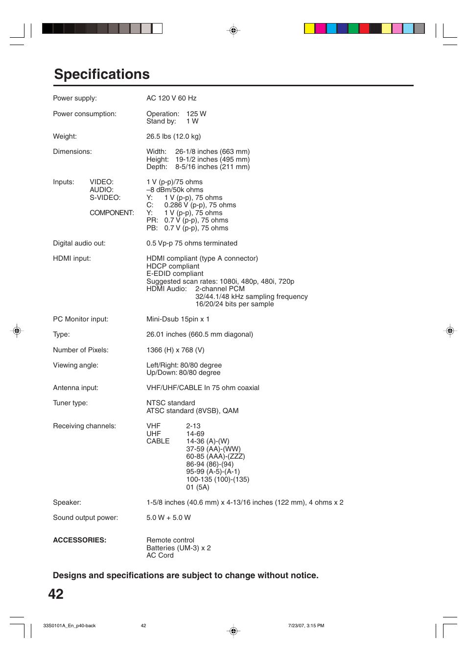 42 specifications | Sansui HDLCD2600 User Manual | Page 42 / 44