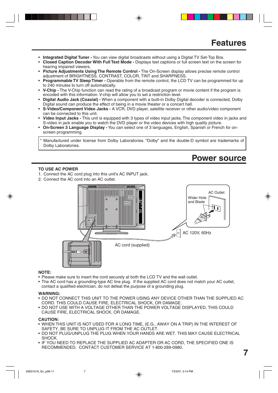 7features, Power source | Sansui HDLCD2600 User Manual | Page 7 / 44