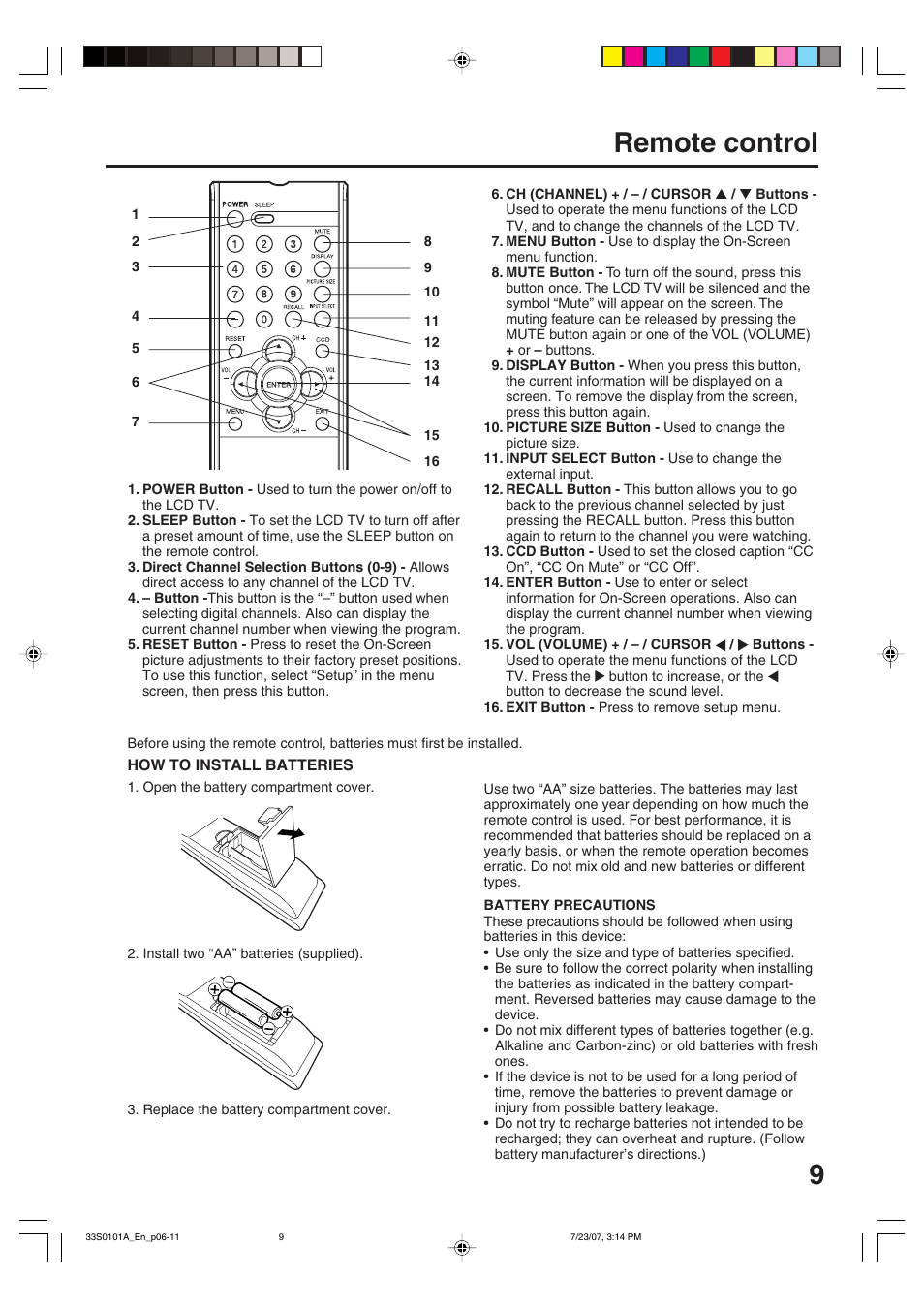 9remote control | Sansui HDLCD2600 User Manual | Page 9 / 44