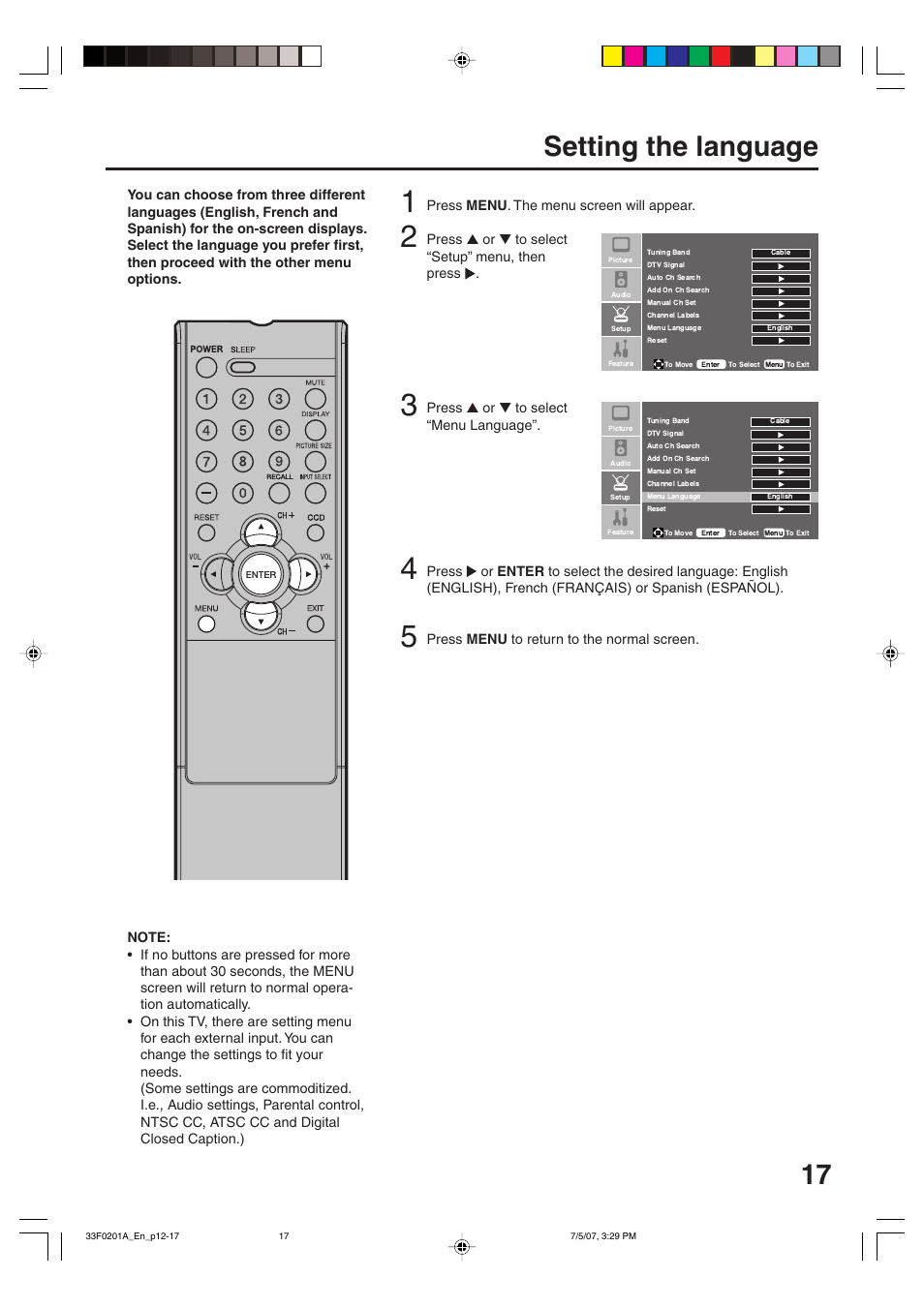 Setting the language | Sansui HDLCD1900 User Manual | Page 17 / 44