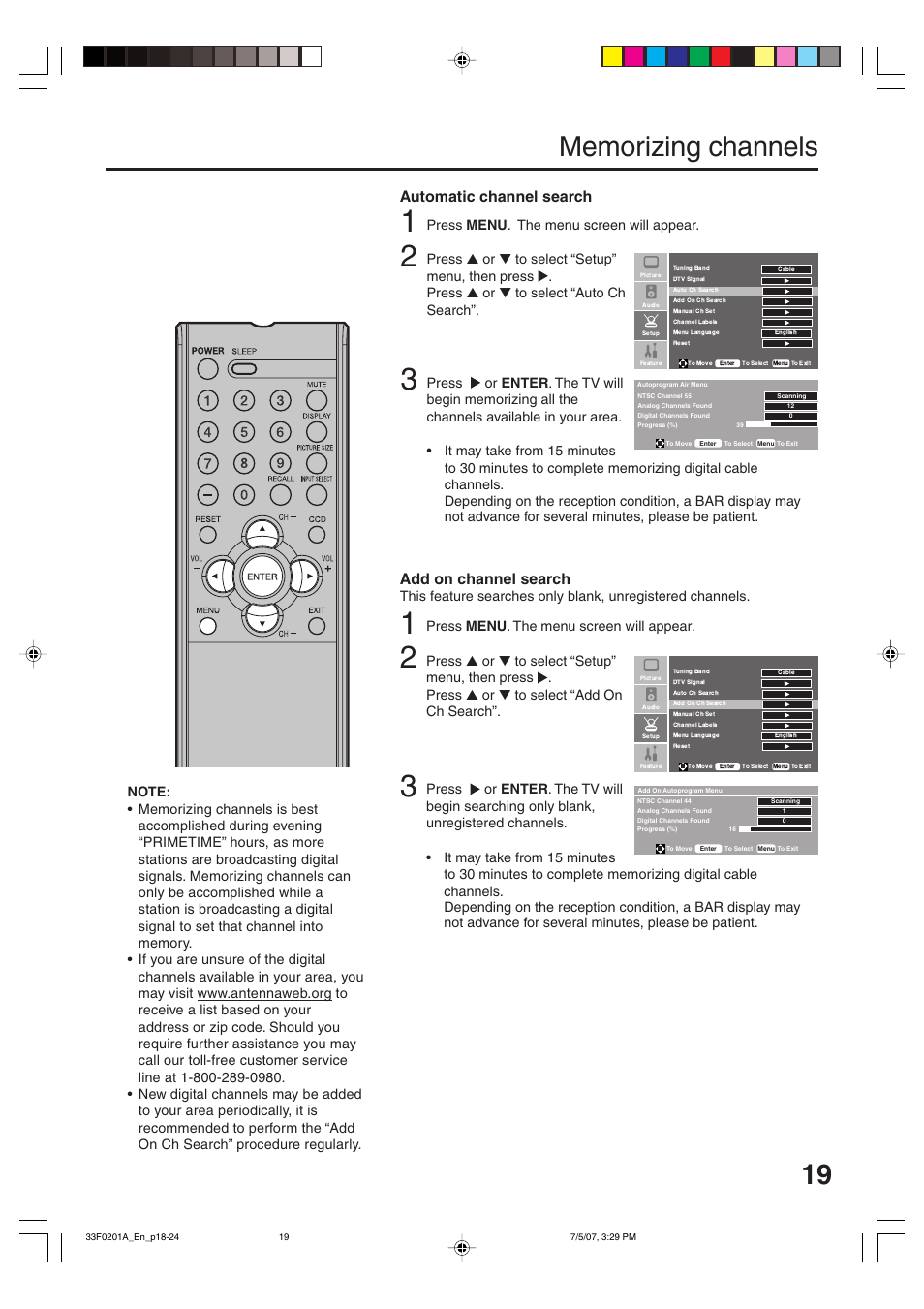 Automatic channel search add on channel search | Sansui HDLCD1900 User Manual | Page 19 / 44