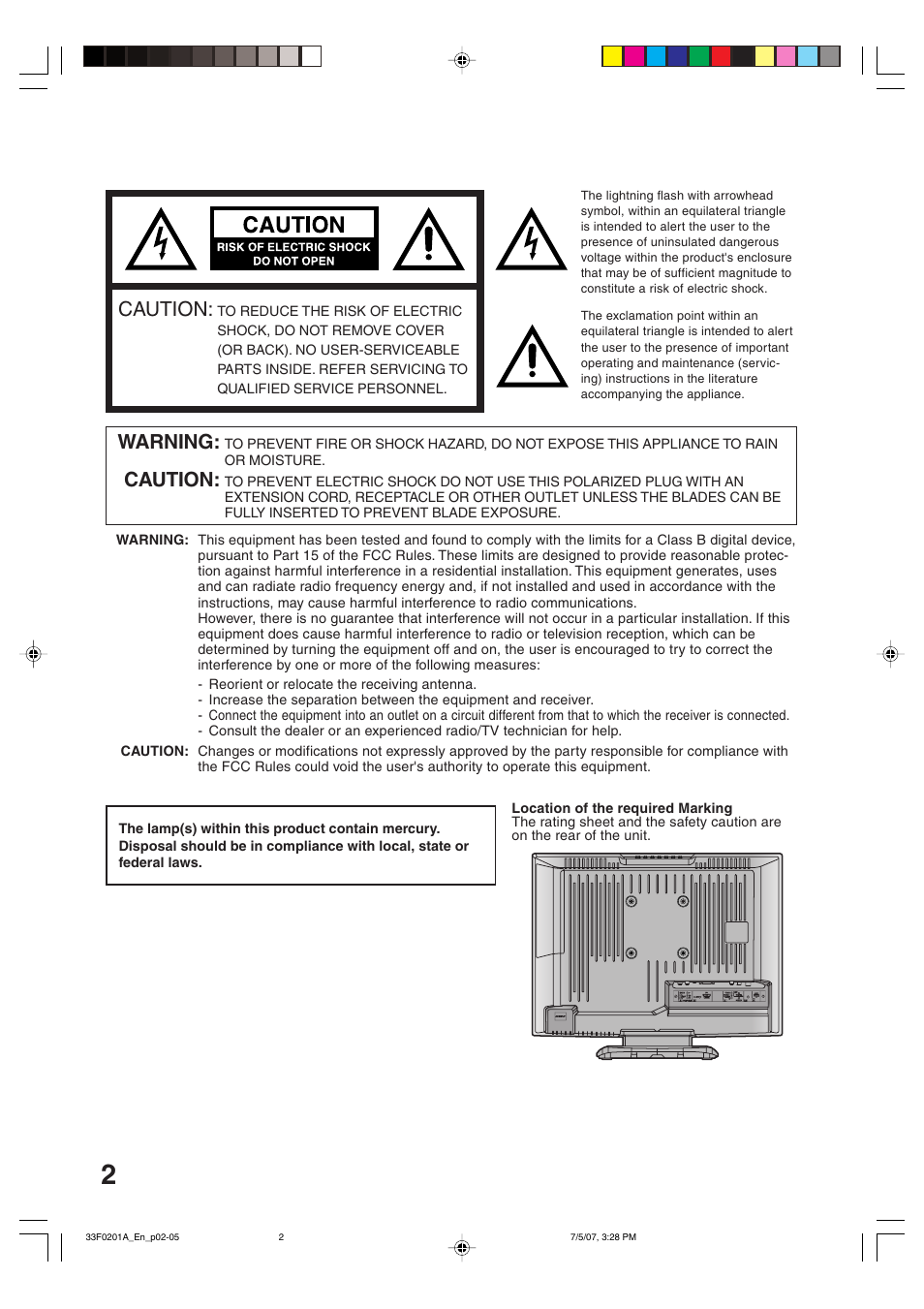 Caution, Warning | Sansui HDLCD1900 User Manual | Page 2 / 44