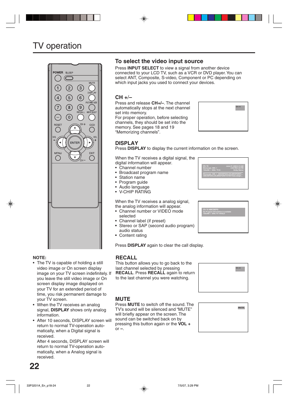 Tv operation, Display, Recall | Mute | Sansui HDLCD1900 User Manual | Page 22 / 44