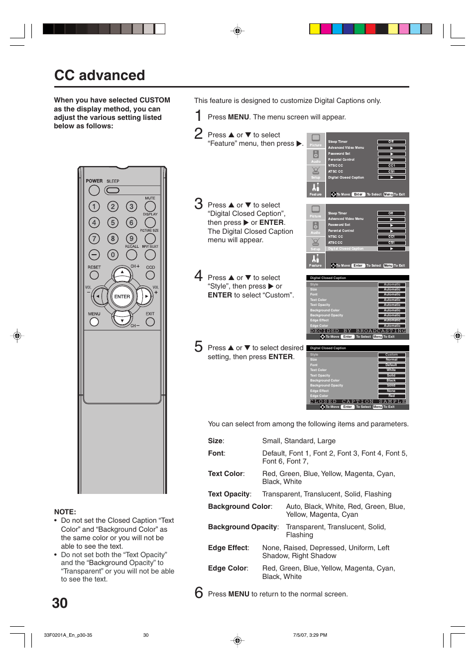 30 cc advanced, Press menu . the menu screen will appear, Press ▲ or ▼ to select “feature” menu, then press | Sansui HDLCD1900 User Manual | Page 30 / 44