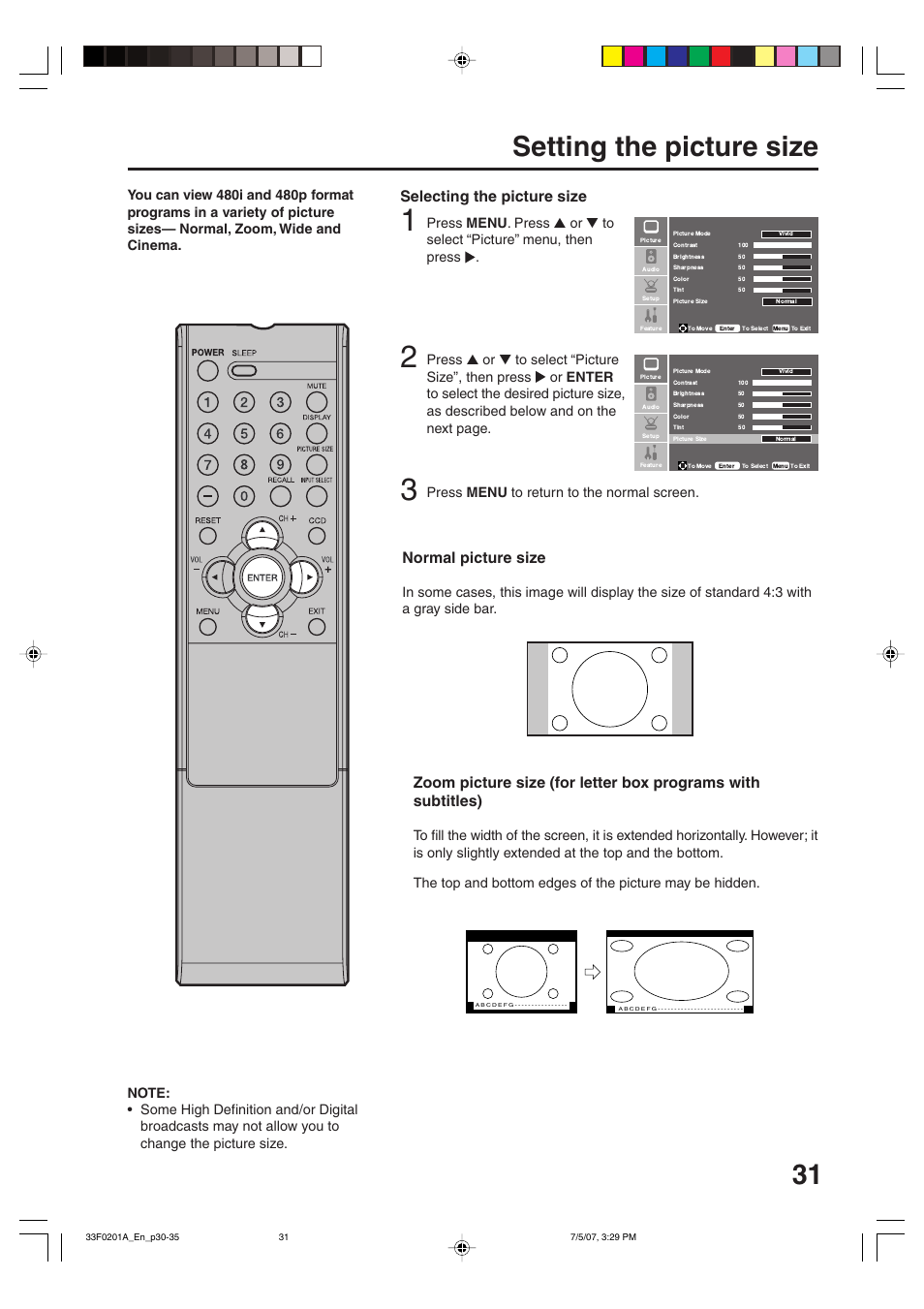 31 setting the picture size, Normal picture size, Selecting the picture size | Press menu to return to the normal screen | Sansui HDLCD1900 User Manual | Page 31 / 44