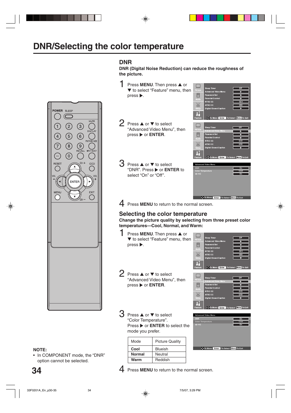 Dnr/selecting the color temperature, Selecting the color temperature, Press menu to return to the normal screen | Sansui HDLCD1900 User Manual | Page 34 / 44