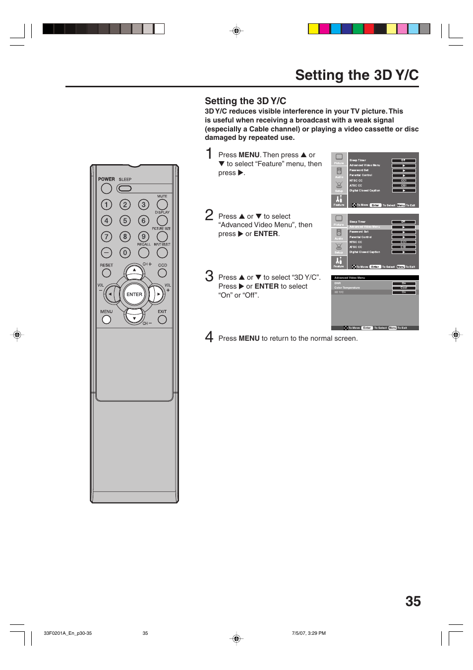 Setting the 3d y/c, Press menu to return to the normal screen | Sansui HDLCD1900 User Manual | Page 35 / 44