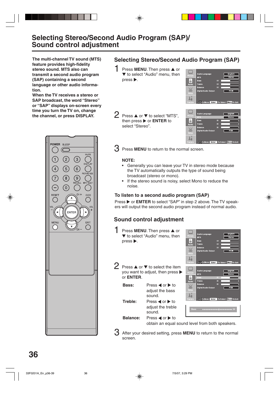 Selecting stereo/second audio program (sap), Sound control adjustment | Sansui HDLCD1900 User Manual | Page 36 / 44