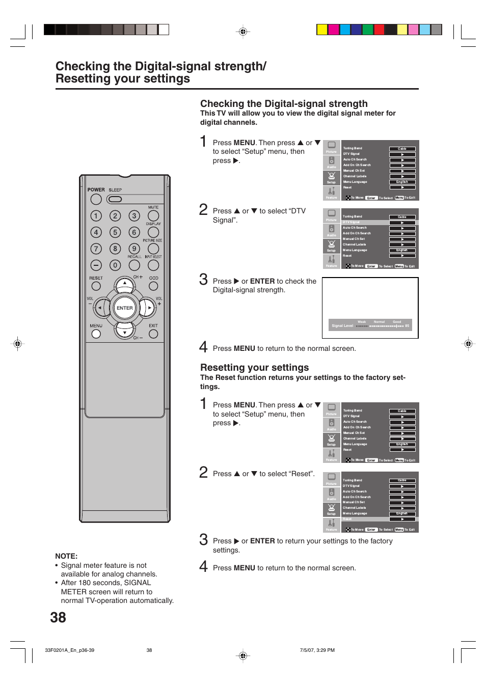 Checking the digital-signal strength, Resetting your settings | Sansui HDLCD1900 User Manual | Page 38 / 44