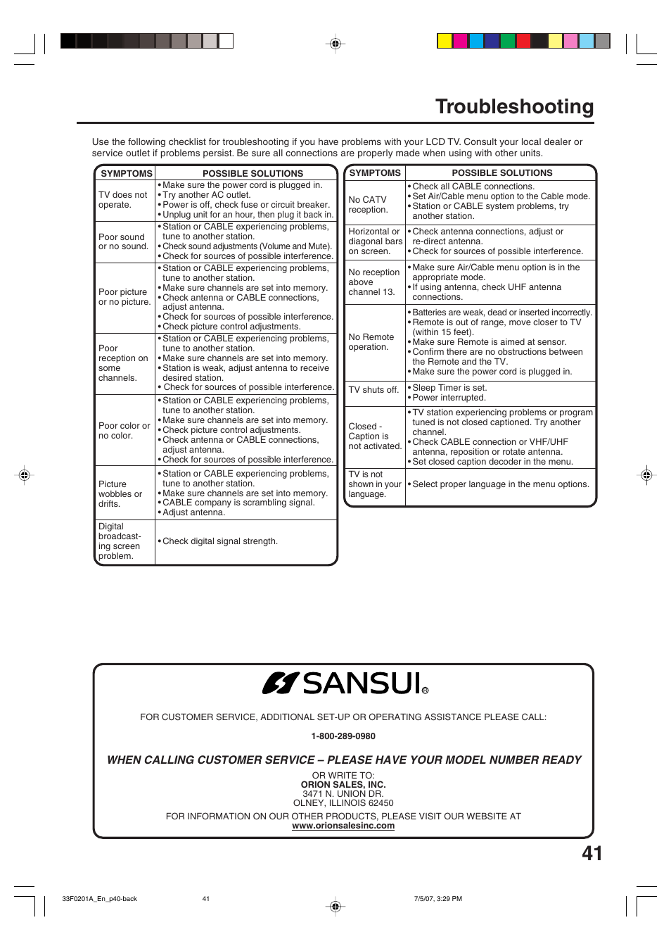 41 troubleshooting | Sansui HDLCD1900 User Manual | Page 41 / 44