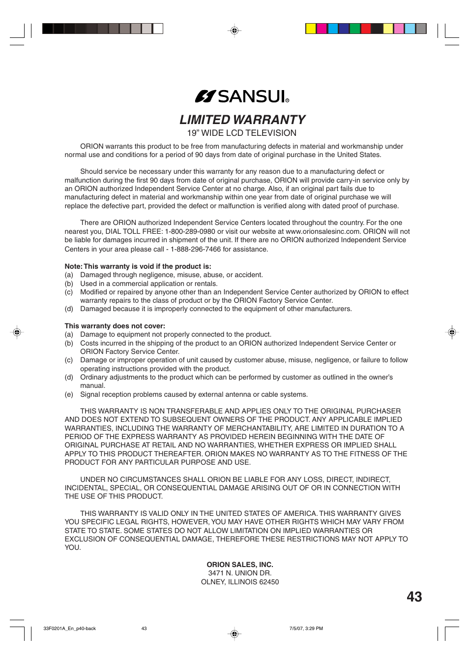 Limited warranty | Sansui HDLCD1900 User Manual | Page 43 / 44