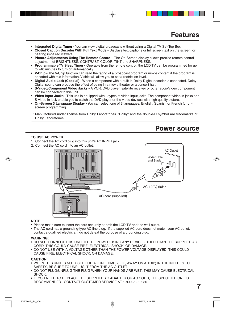7features, Power source | Sansui HDLCD1900 User Manual | Page 7 / 44