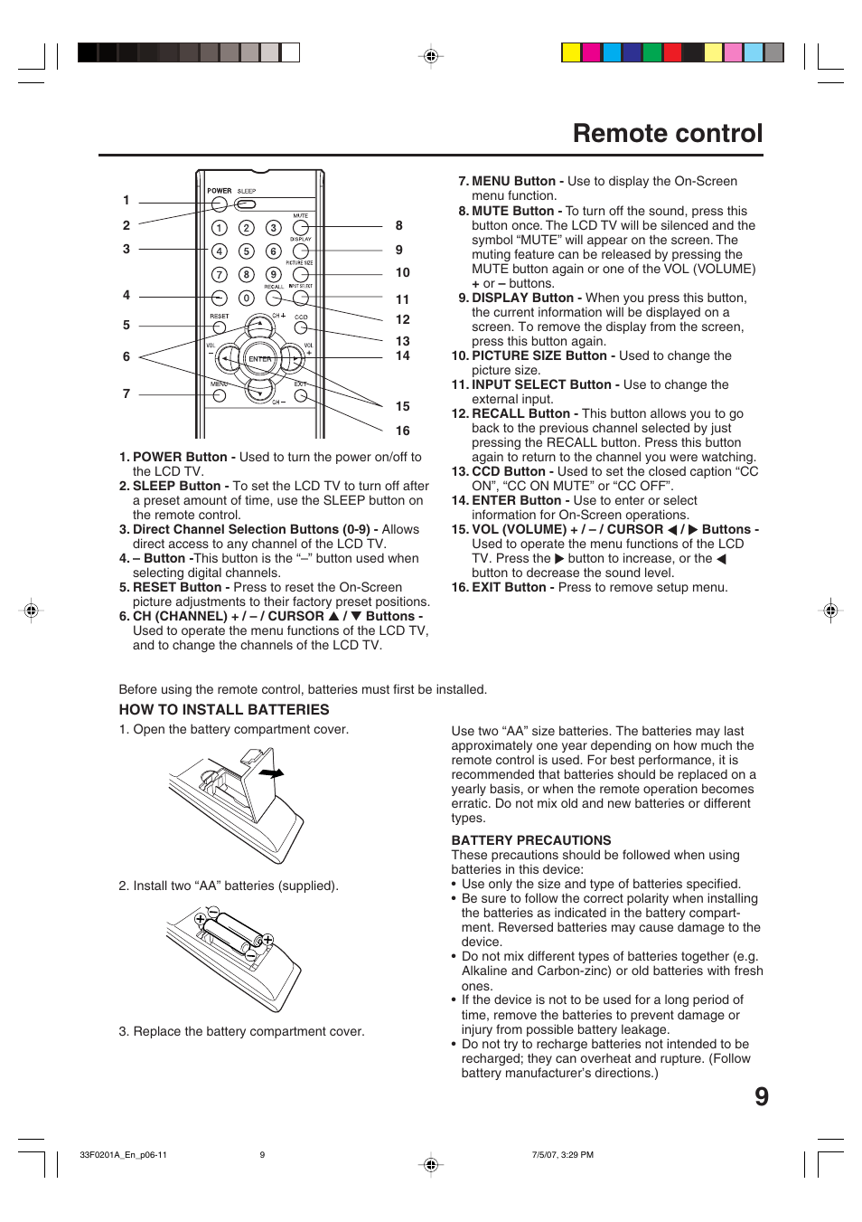 9remote control | Sansui HDLCD1900 User Manual | Page 9 / 44