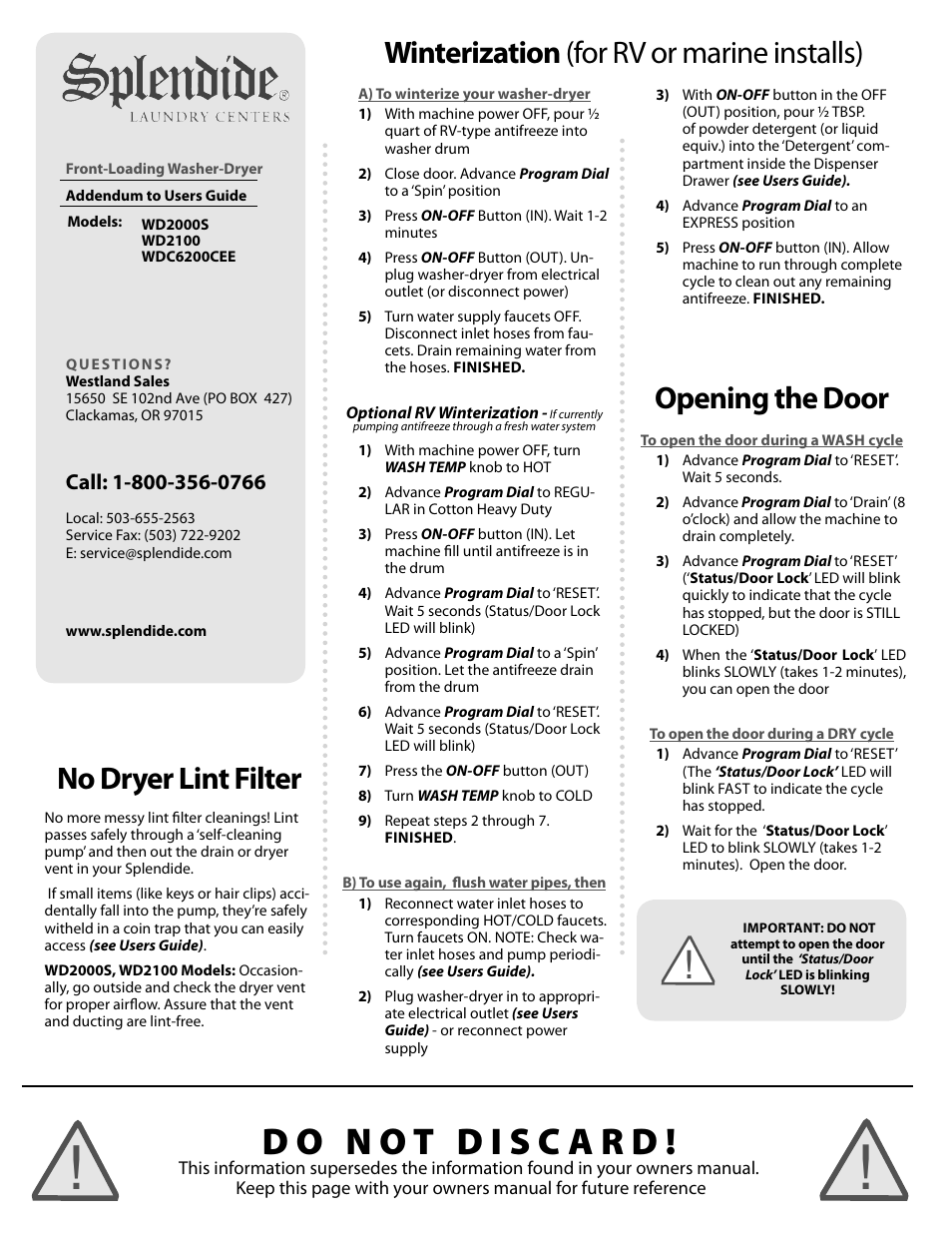 Splendide WDC6200CEE User Manual | 2 pages