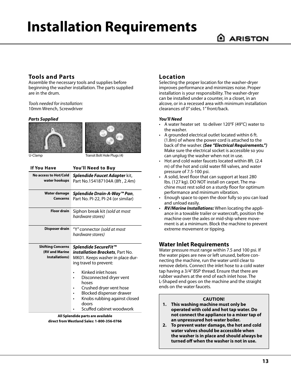 Installation requirements, Tools and parts, Location | Water inlet requirements | Splendide AW122 User Manual | Page 13 / 20