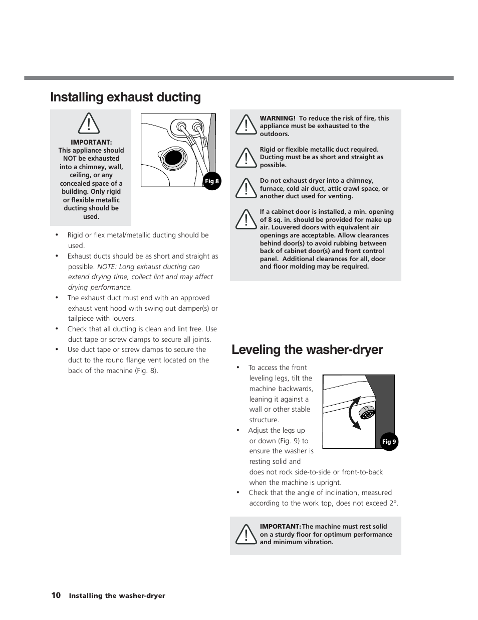 Installing exhaust ducting, Leveling the washer-dryer | Splendide WD2100XC User Manual | Page 10 / 26