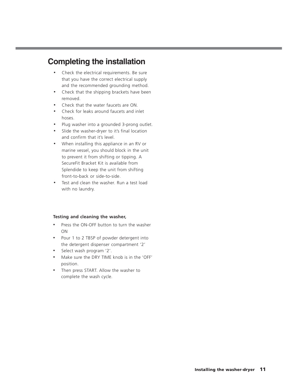 Completing the installation | Splendide WD2100XC User Manual | Page 11 / 26