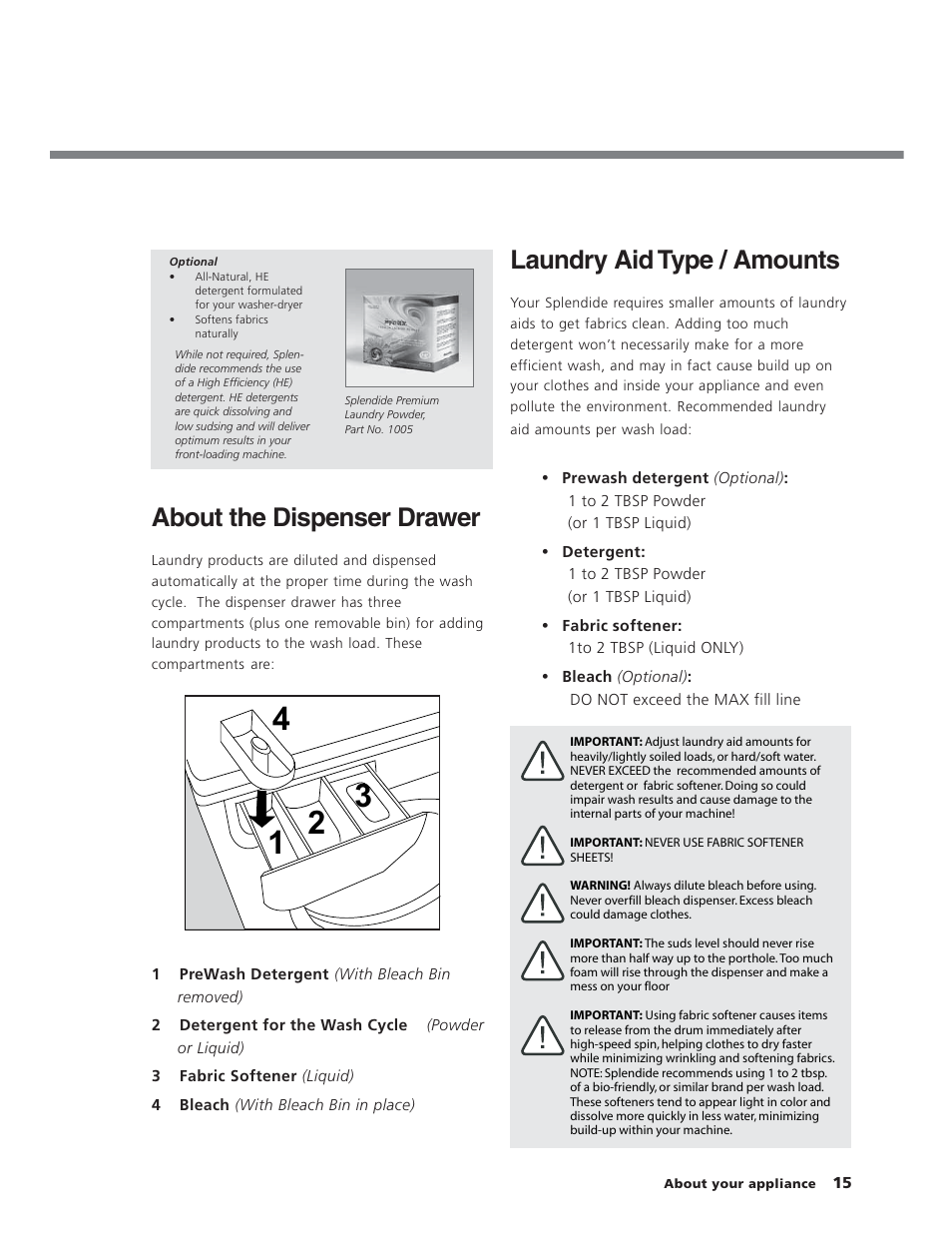 Laundry aid type / amounts, About the dispenser drawer | Splendide WD2100XC User Manual | Page 15 / 26