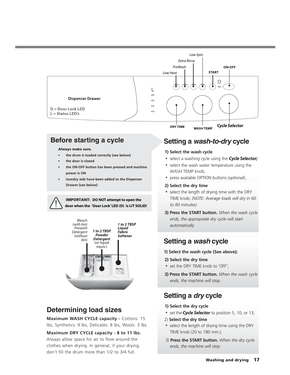 Determining load sizes, Setting a wash-to-dry cycle, Setting a wash cycle | Setting a dry cycle, Before starting a cycle | Splendide WD2100XC User Manual | Page 17 / 26