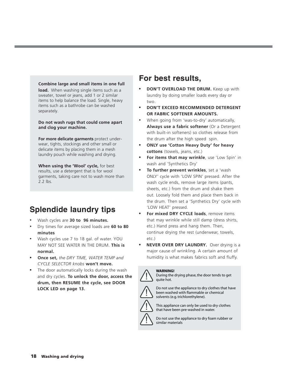 Splendide laundry tips, For best results | Splendide WD2100XC User Manual | Page 18 / 26
