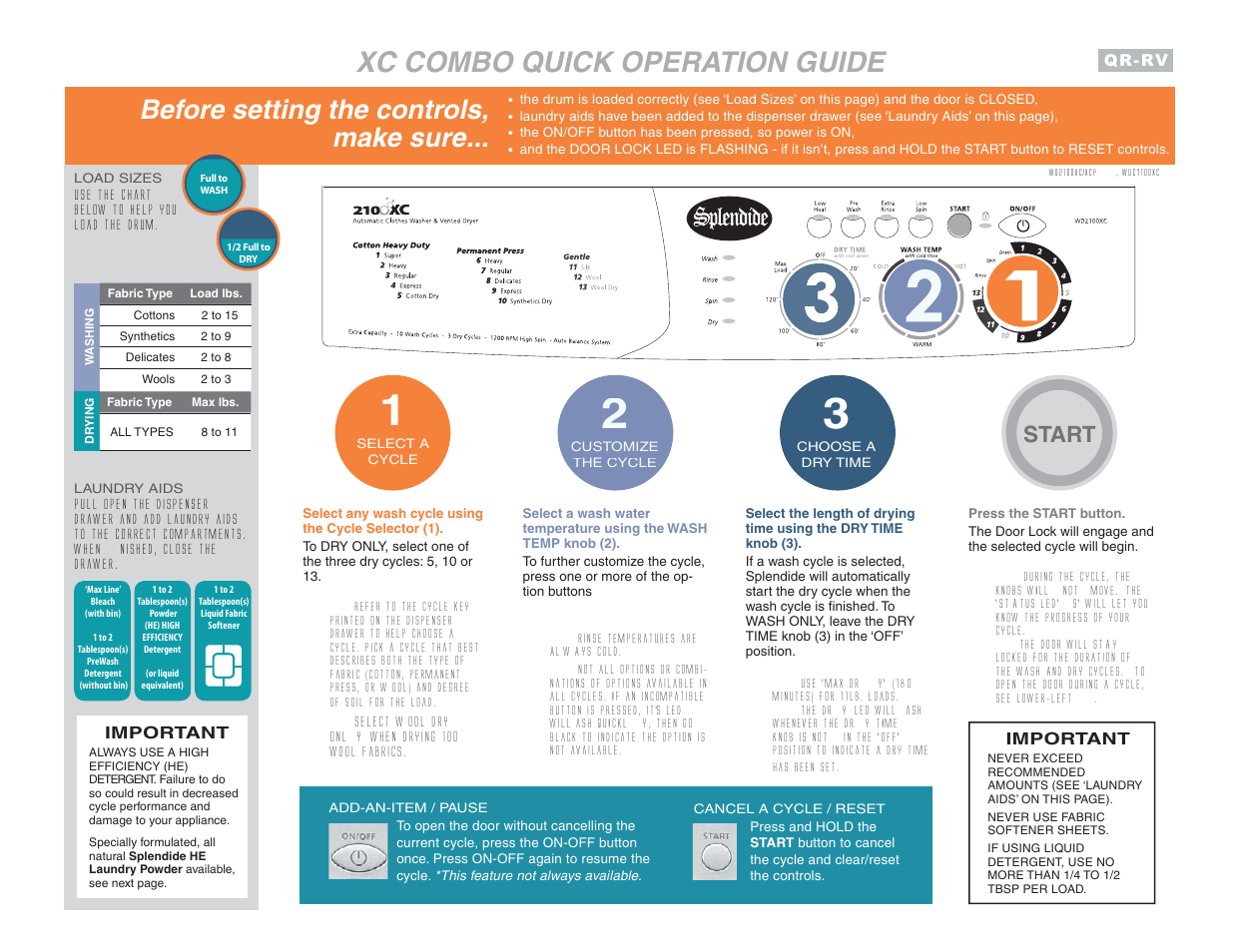 Qr-rv_2100xc_quickop_winterize, Xc combo quick operation guide, Before setting the controls, make sure | Start | Splendide WD2100XC User Manual | Page 25 / 26