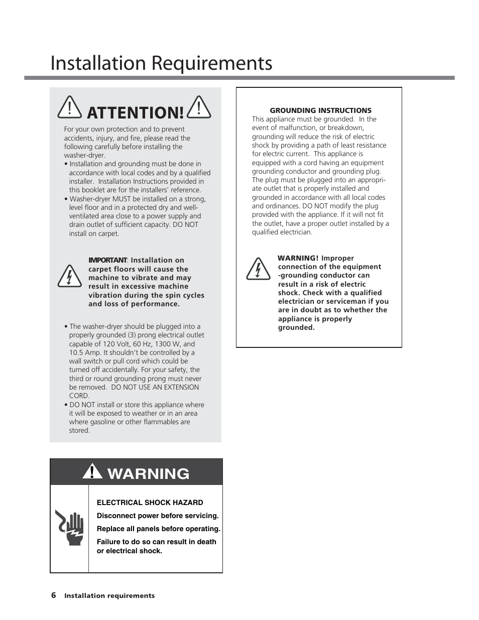Installation requirements, Attention, Warning | Splendide WD2100XC User Manual | Page 6 / 26