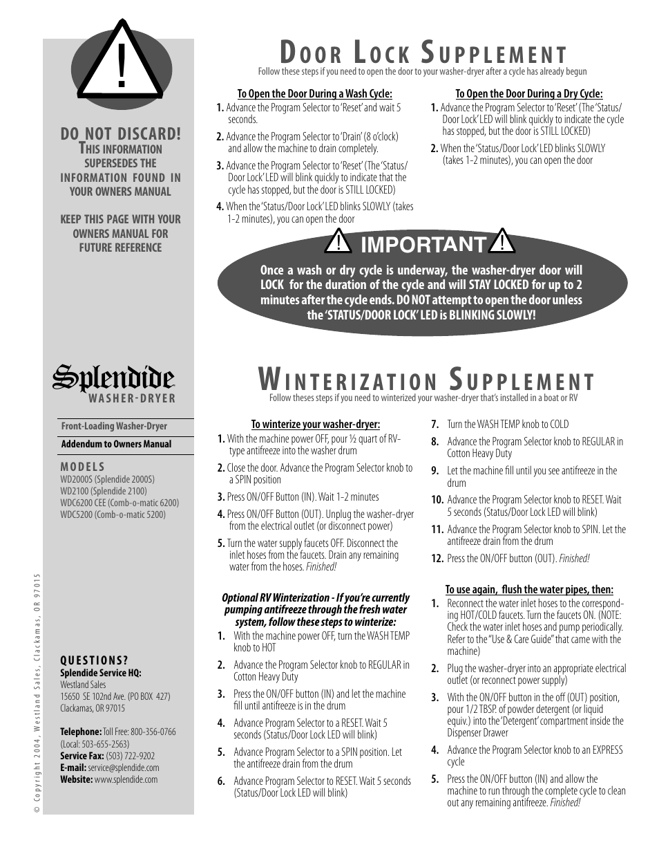 Splendide, O o r, O c k | Import, Do not discard! t | Splendide 6200 User Manual | Page 2 / 21