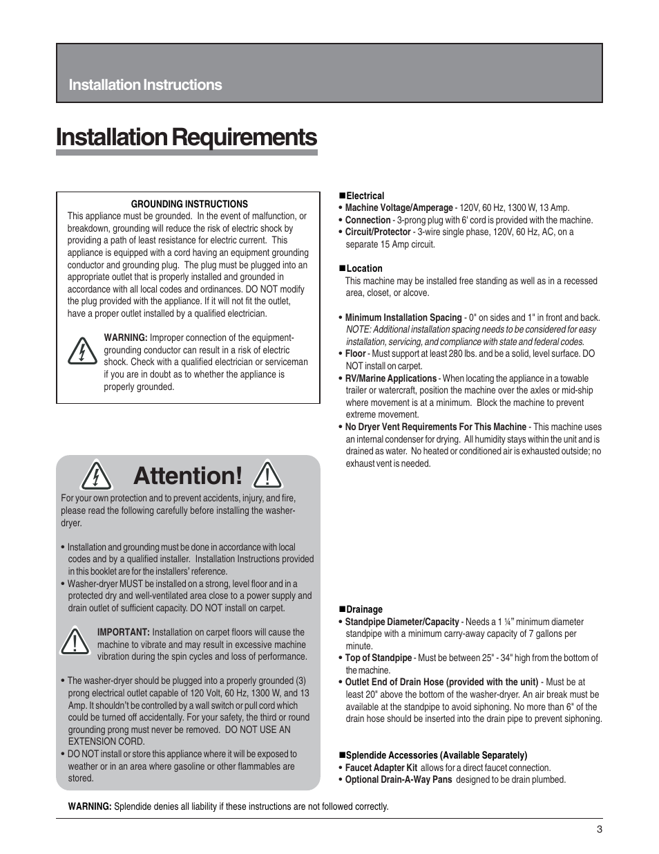 Installation requirements, Attention, Installation instructions | Splendide 6200 User Manual | Page 4 / 21