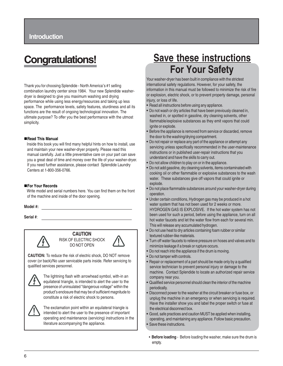 For your safety, Save these instructions, Introduction | Splendide 6200 User Manual | Page 7 / 21