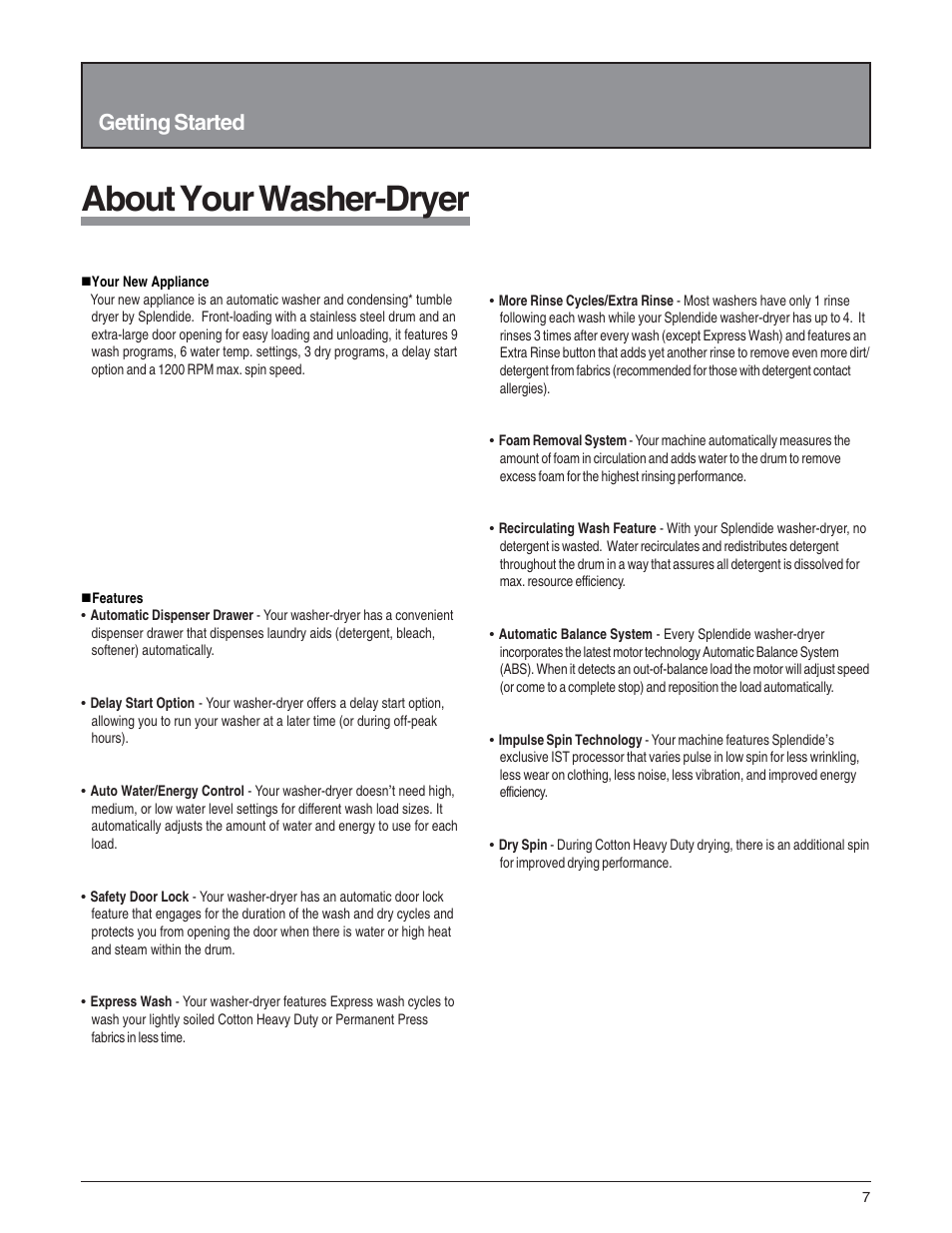 About your washer-dryer, Getting started | Splendide 6200 User Manual | Page 8 / 21