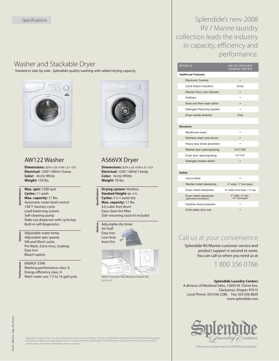 Call us at your convenience, Aw122 washer, As66vx dryer | Speciﬁ cations | Splendide AW122 WASHER User Manual | Page 2 / 2