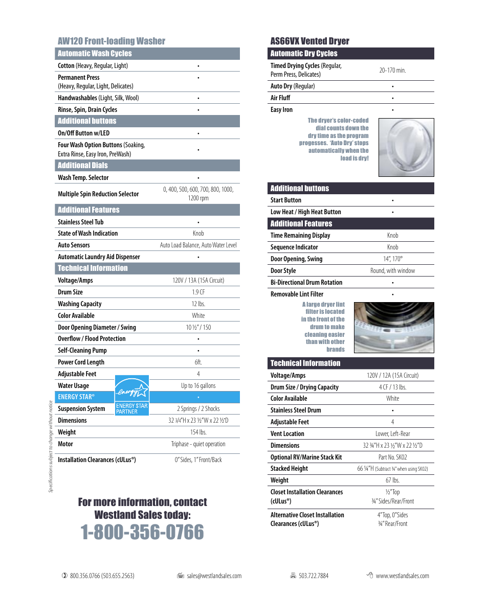 For more information, contact westland sales today, Aw120 front-loading washer, As66vx vented dryer | Splendide OR97015 User Manual | Page 2 / 2