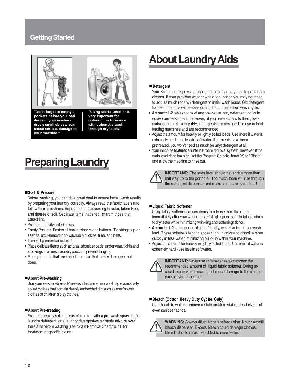 Preparing laundry, About laundry aids, Getting started | Splendide 5200 User Manual | Page 11 / 21