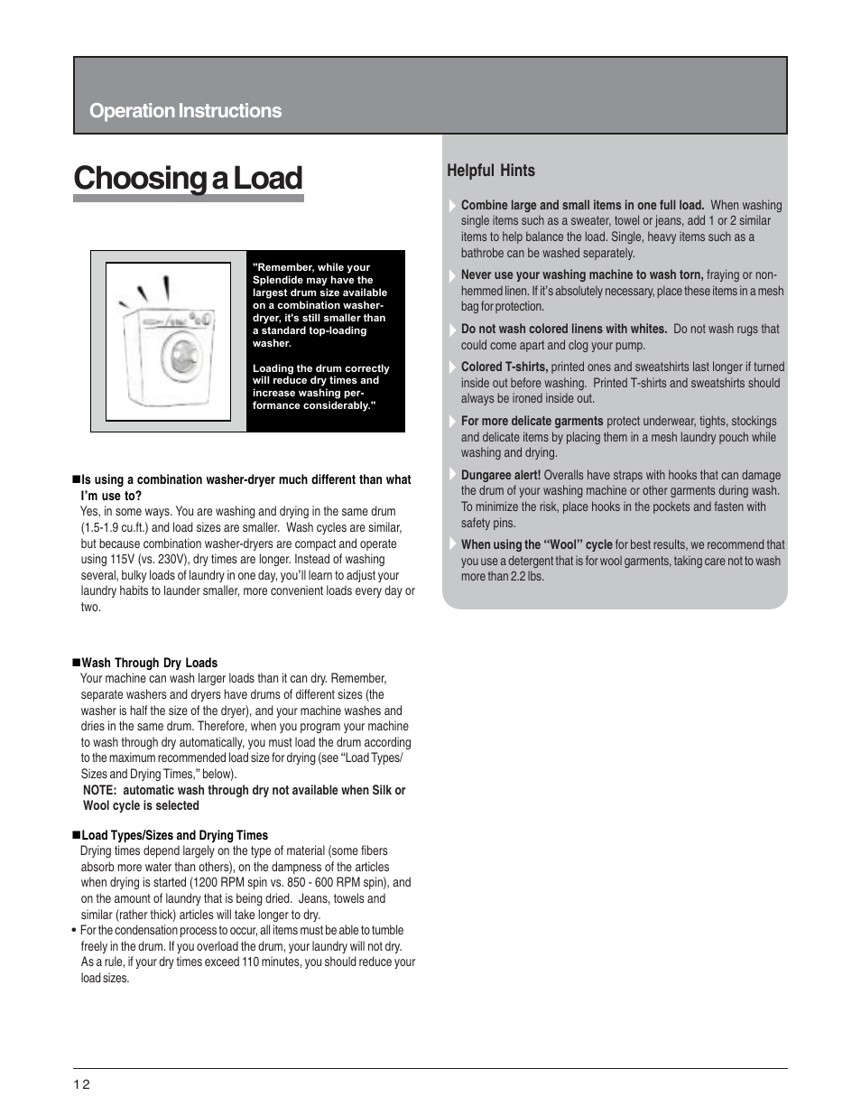Choosing a load, Operation instructions, Helpful hints | Splendide 5200 User Manual | Page 13 / 21