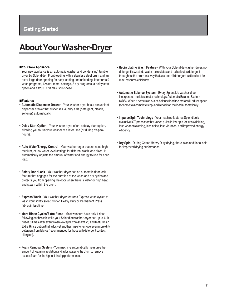 About your washer-dryer, Getting started | Splendide 5200 User Manual | Page 8 / 21