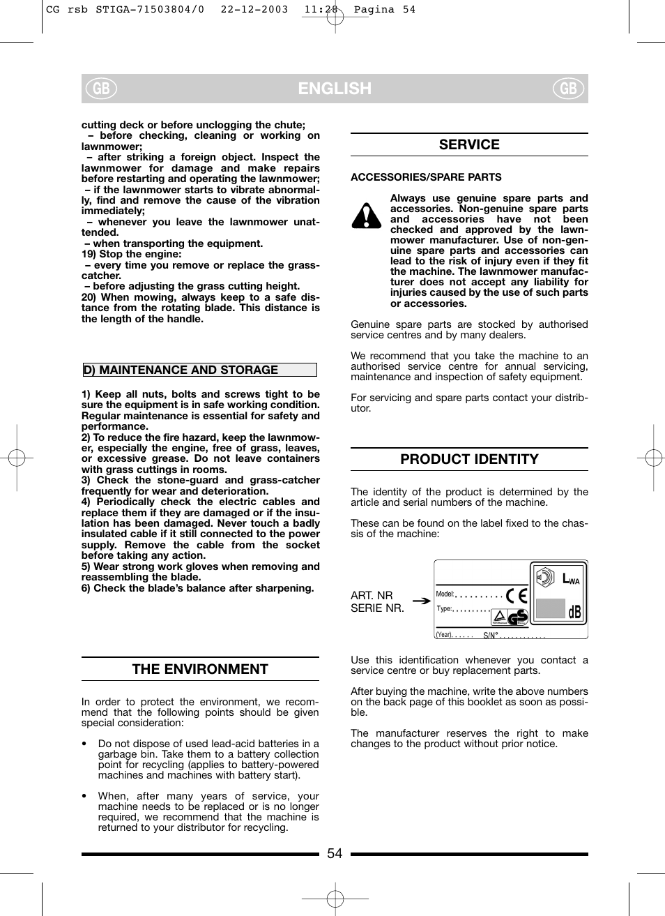 English gb gb, Service, Product identity | The environment | Stiga LADYBIRD 45EL User Manual | Page 5 / 8