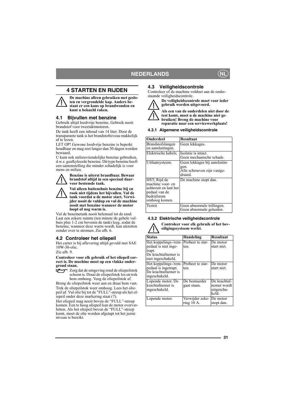 Nederlands, 4 starten en rijden | Stiga 8221-0034-80 User Manual | Page 31 / 36